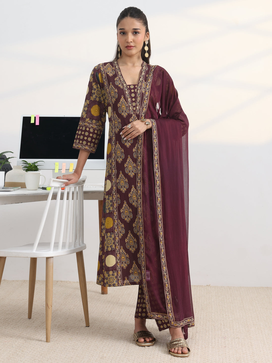 Burgundy Printed Cotton Blend A-Line Suit Set With Dupatta