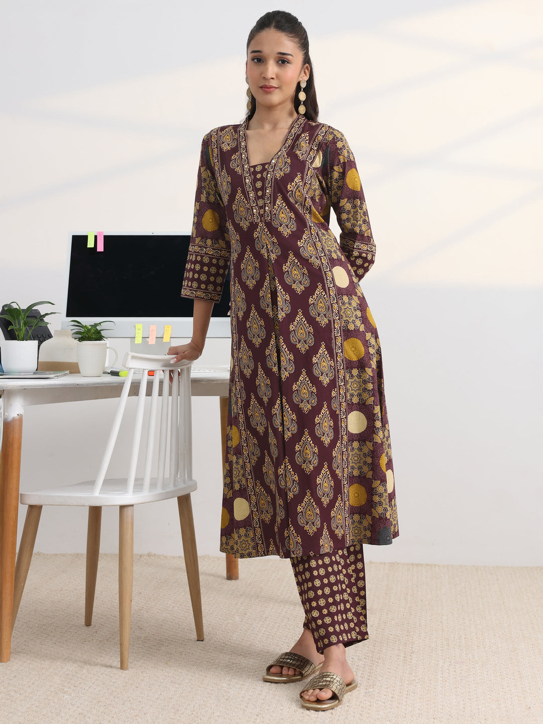 Burgundy Printed Cotton Blend A-Line Suit Set With Dupatta