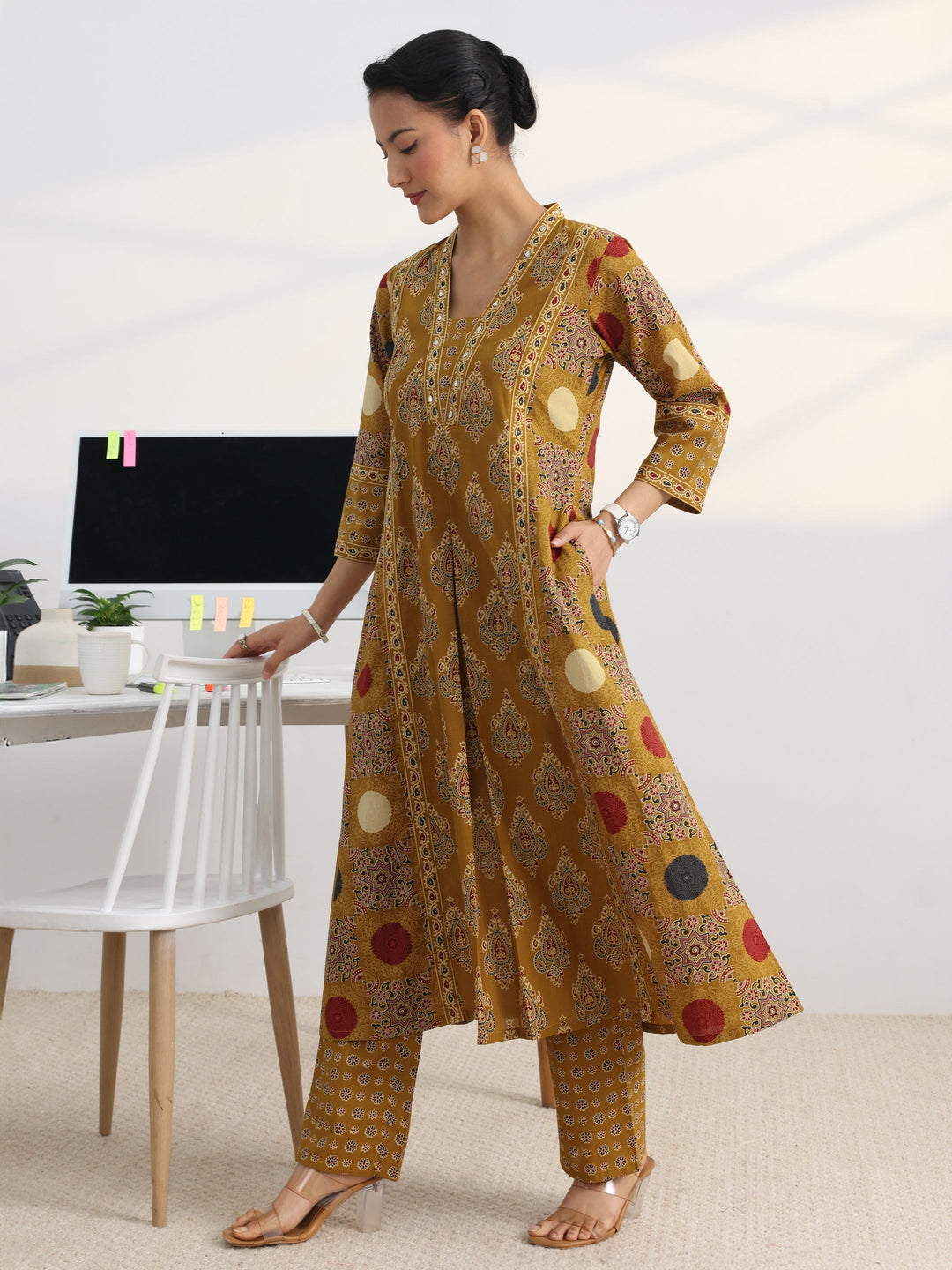 Mustard Printed Cotton Blend A-Line Suit Set With Dupatta