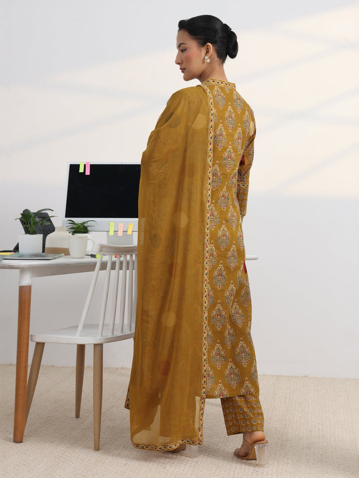 Mustard Printed Cotton Blend A-Line Suit Set With Dupatta