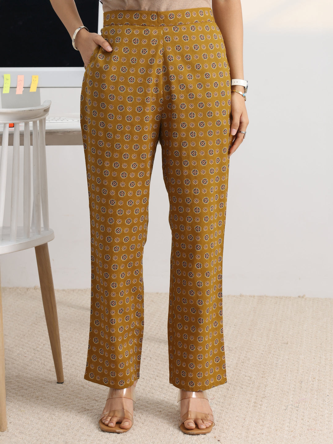 Mustard Printed Cotton Blend A-Line Suit Set With Dupatta