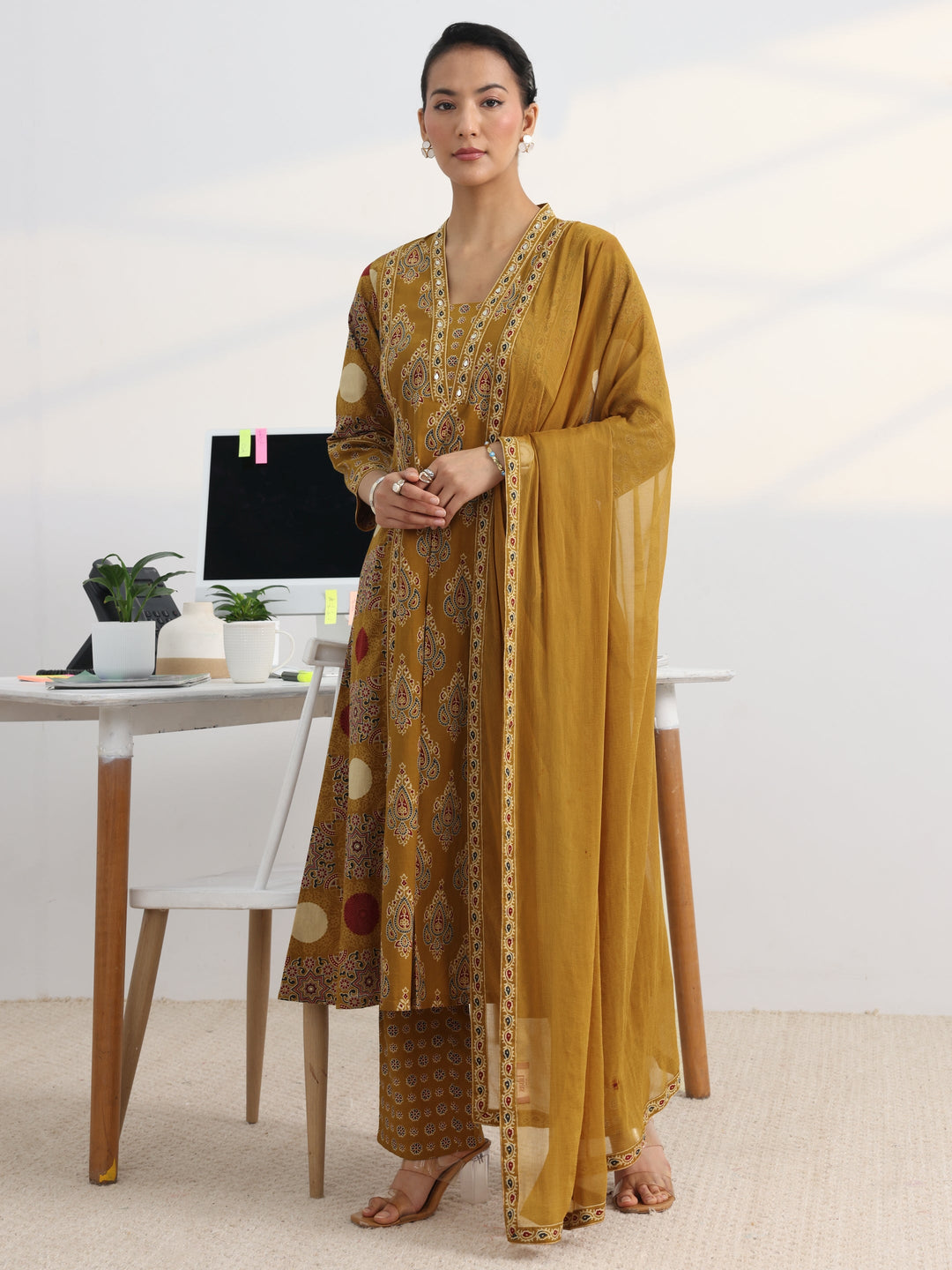 Mustard Printed Cotton Blend A-Line Suit Set With Dupatta