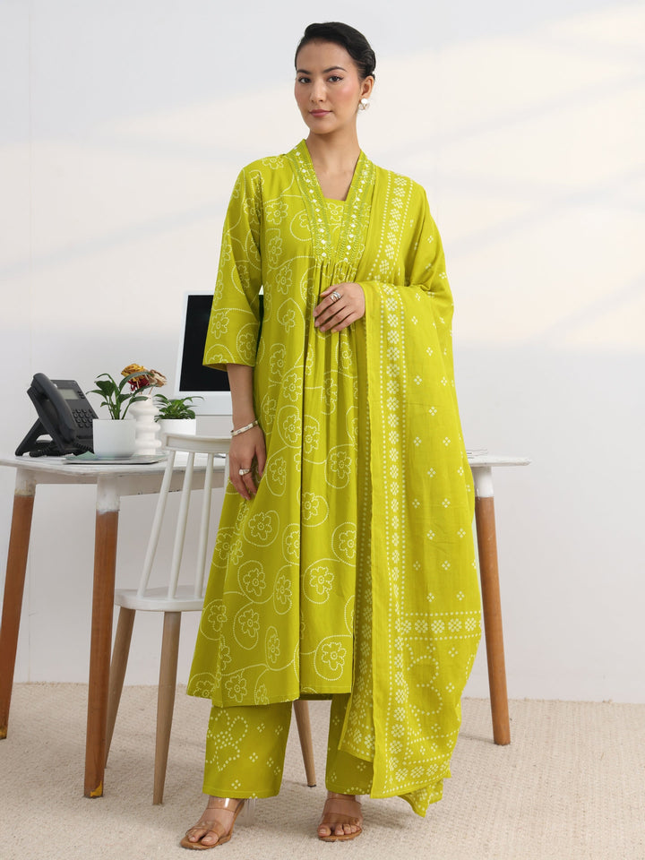 Green Bandhani Printed Cotton Blend A-Line Suit Set With Dupatta