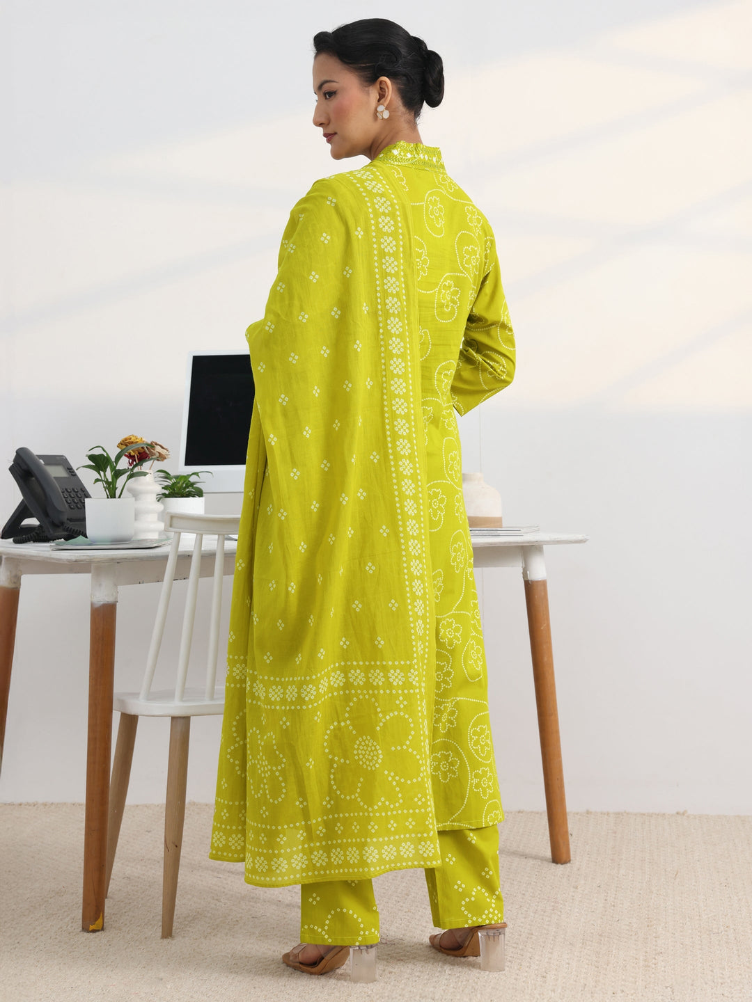 Green Bandhani Printed Cotton Blend A-Line Suit Set With Dupatta