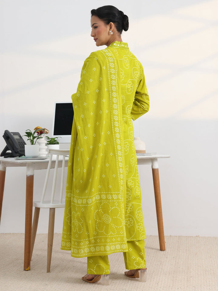 Green Bandhani Printed Cotton Blend A-Line Suit Set With Dupatta
