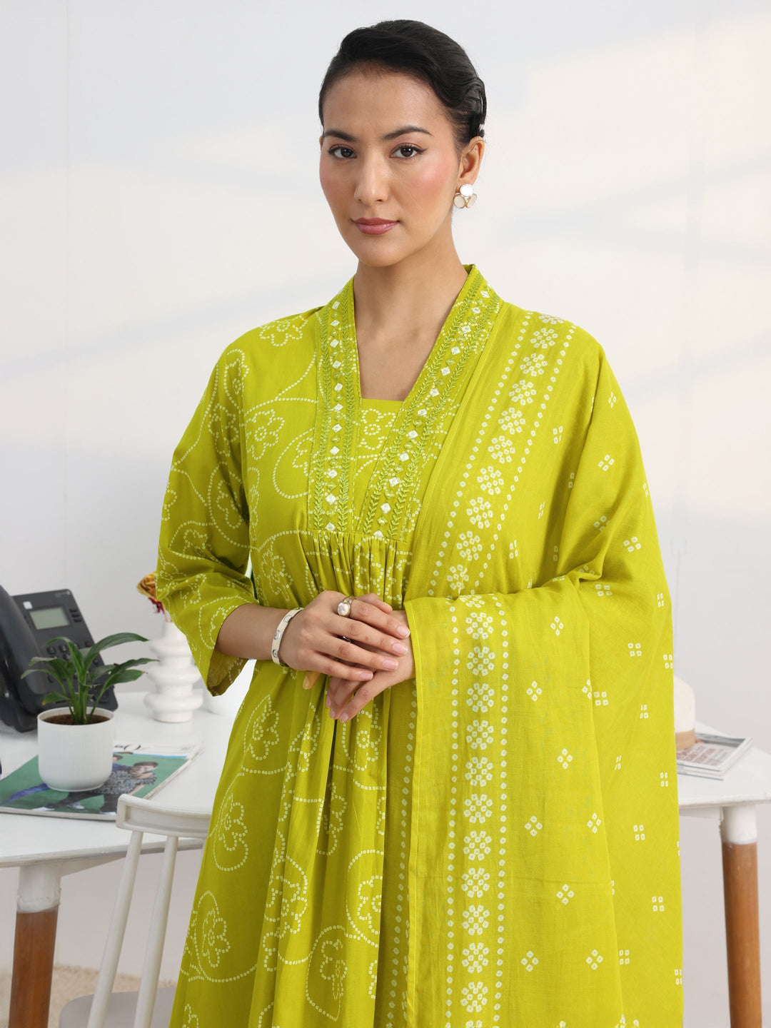 Green Bandhani Printed Cotton Blend A-Line Suit Set With Dupatta