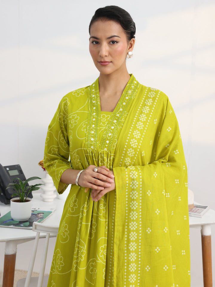 Green Bandhani Printed Cotton Blend A-Line Suit Set With Dupatta