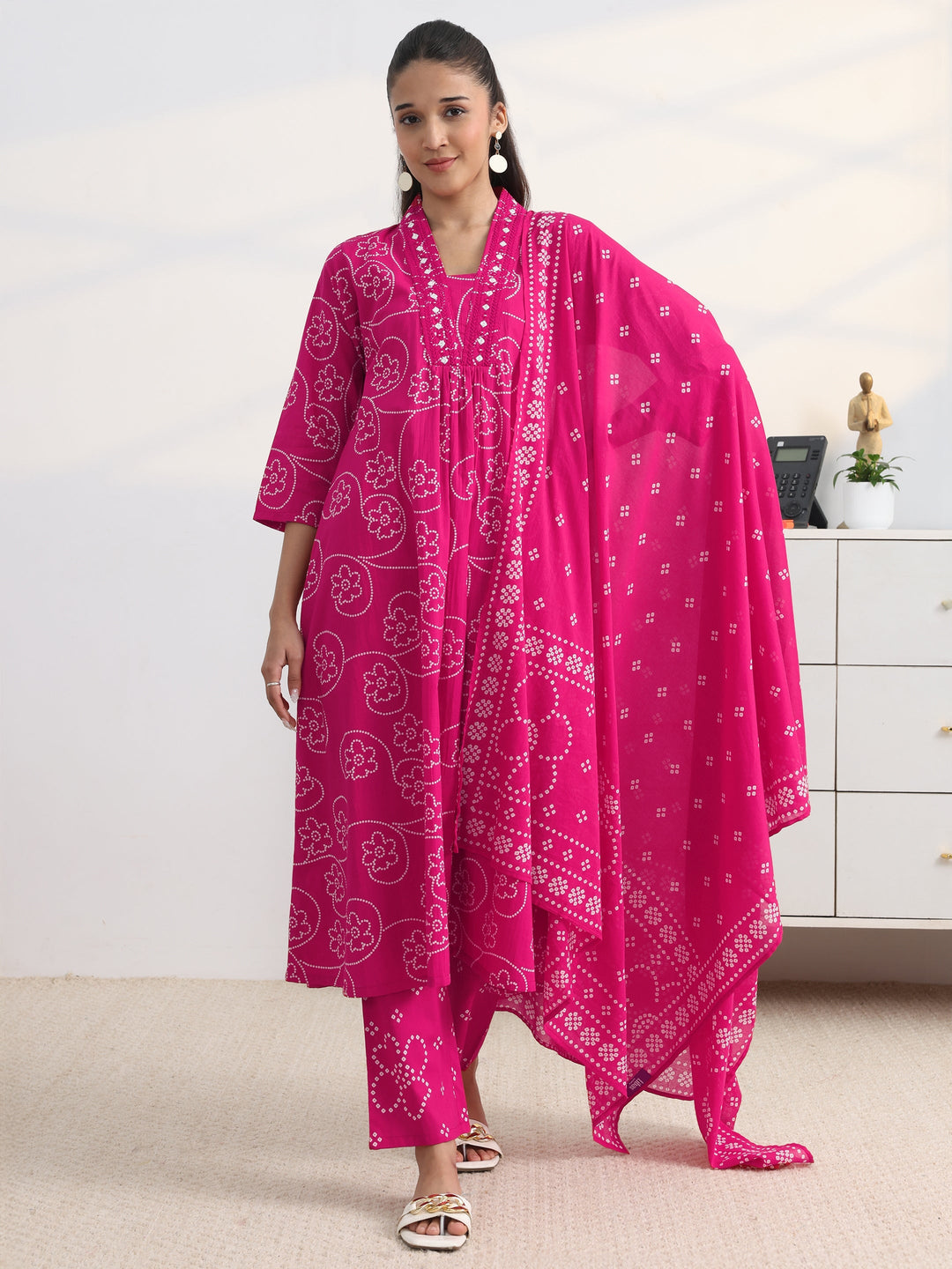 Pink Bandhani Printed Cotton Blend A-Line Suit Set With Dupatta