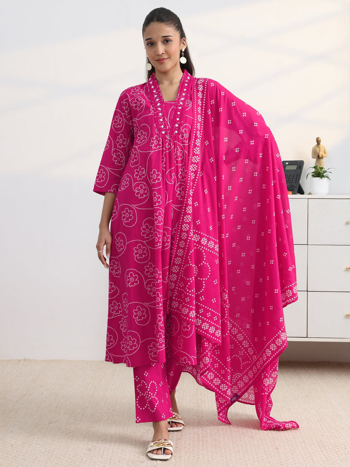 Pink Bandhani Printed Cotton Blend A-Line Suit Set With Dupatta