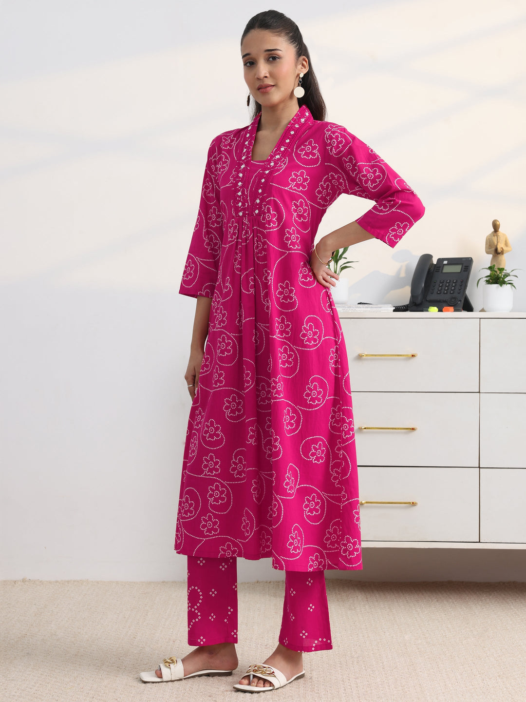 Pink Bandhani Printed Cotton Blend A-Line Suit Set With Dupatta