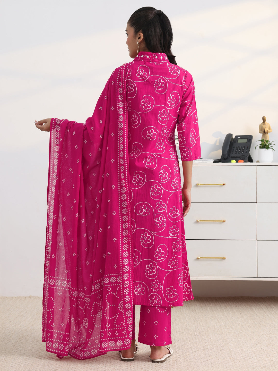Pink Bandhani Printed Cotton Blend A-Line Suit Set With Dupatta