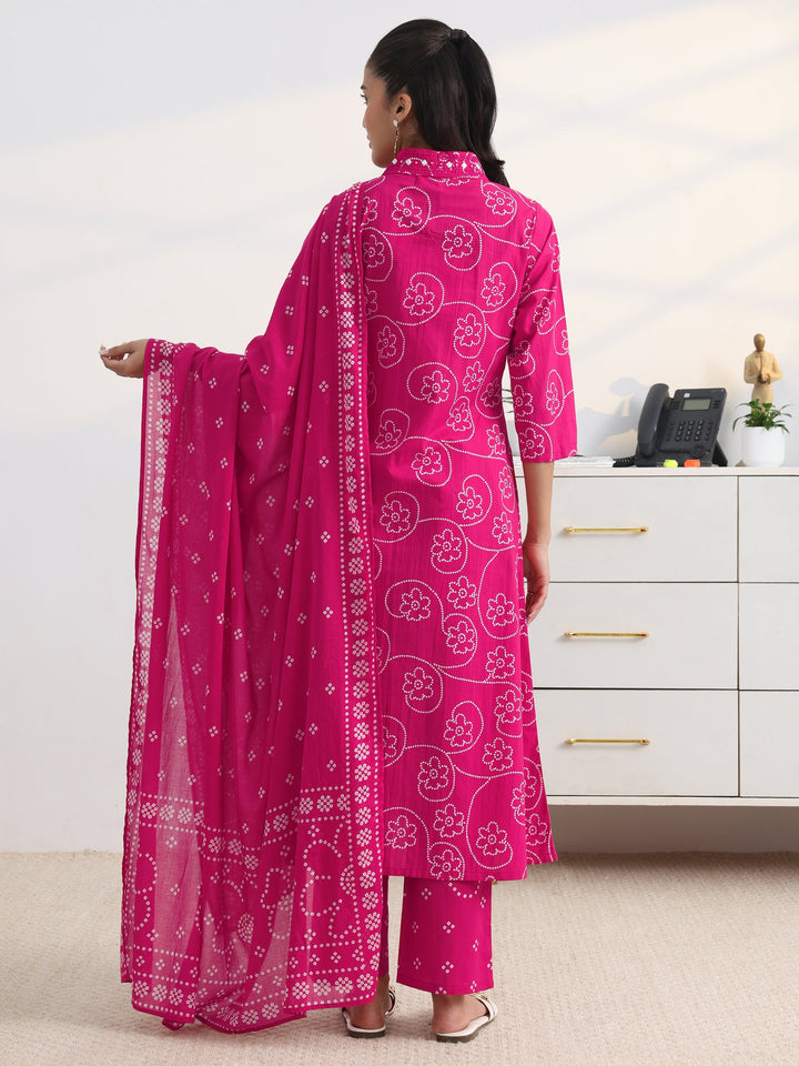 Pink Bandhani Printed Cotton Blend A-Line Suit Set With Dupatta