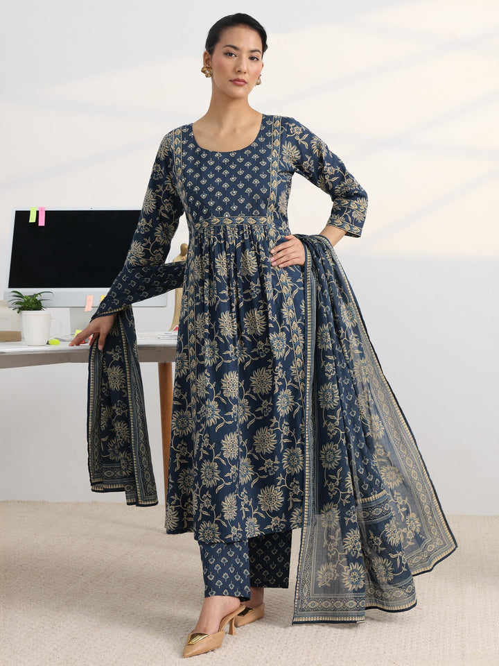 Blue Floral Printed Cotton Blend A-Line Suit Set With Dupatta