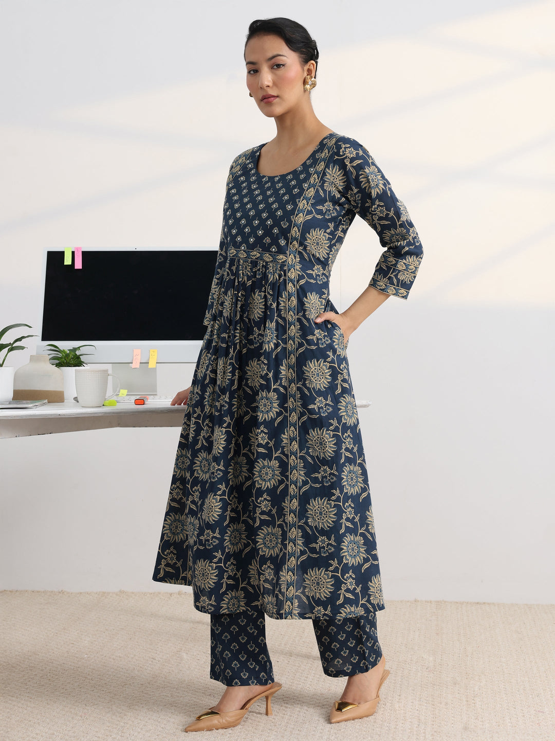 Blue Floral Printed Cotton Blend A-Line Suit Set With Dupatta