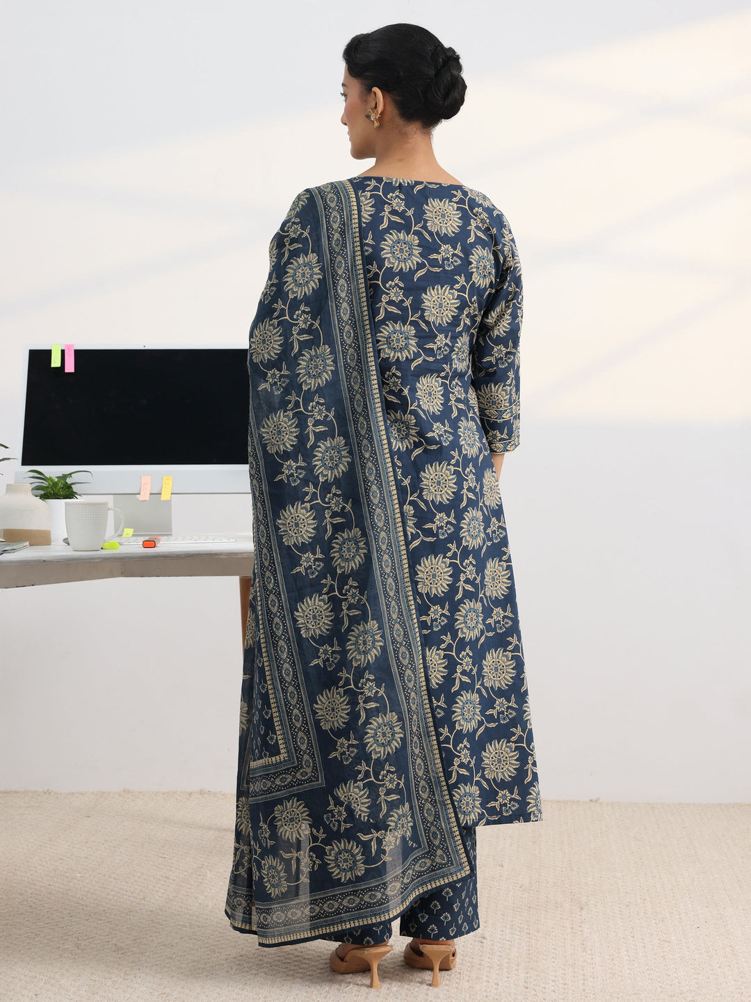 Blue Floral Printed Cotton Blend A-Line Suit Set With Dupatta