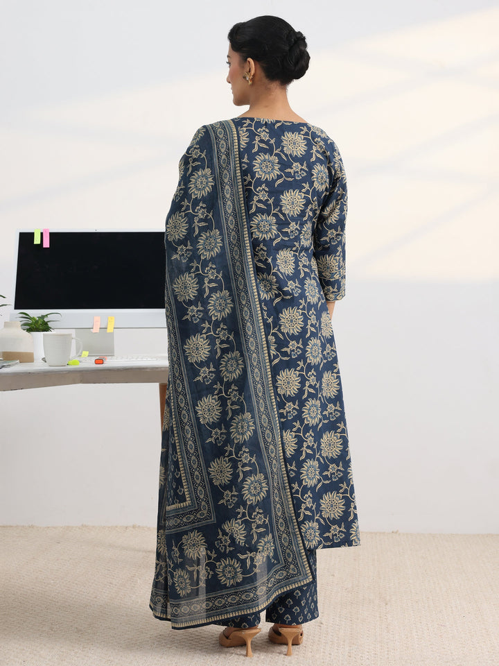 Blue Floral Printed Cotton Blend A-Line Suit Set With Dupatta