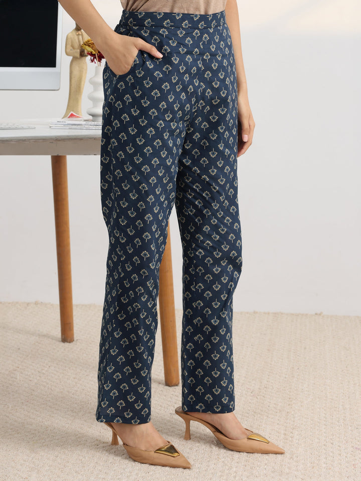 Blue Floral Printed Cotton Blend A-Line Suit Set With Dupatta