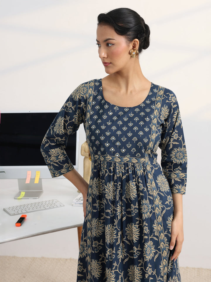 Blue Floral Printed Cotton Blend A-Line Suit Set With Dupatta