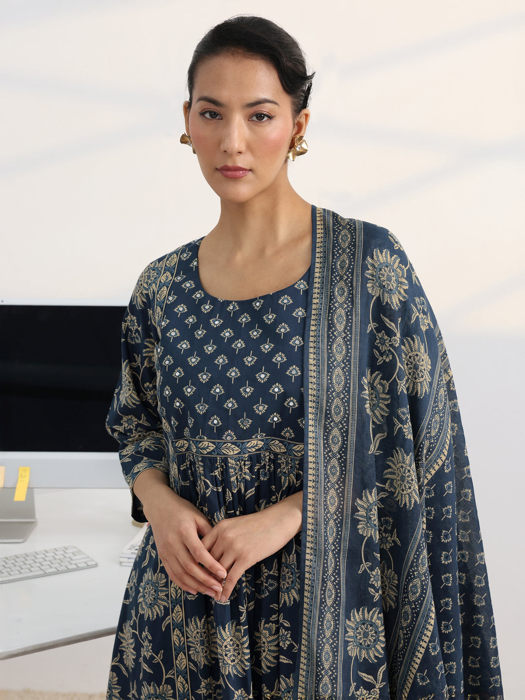 Blue Floral Printed Cotton Blend A-Line Suit Set With Dupatta
