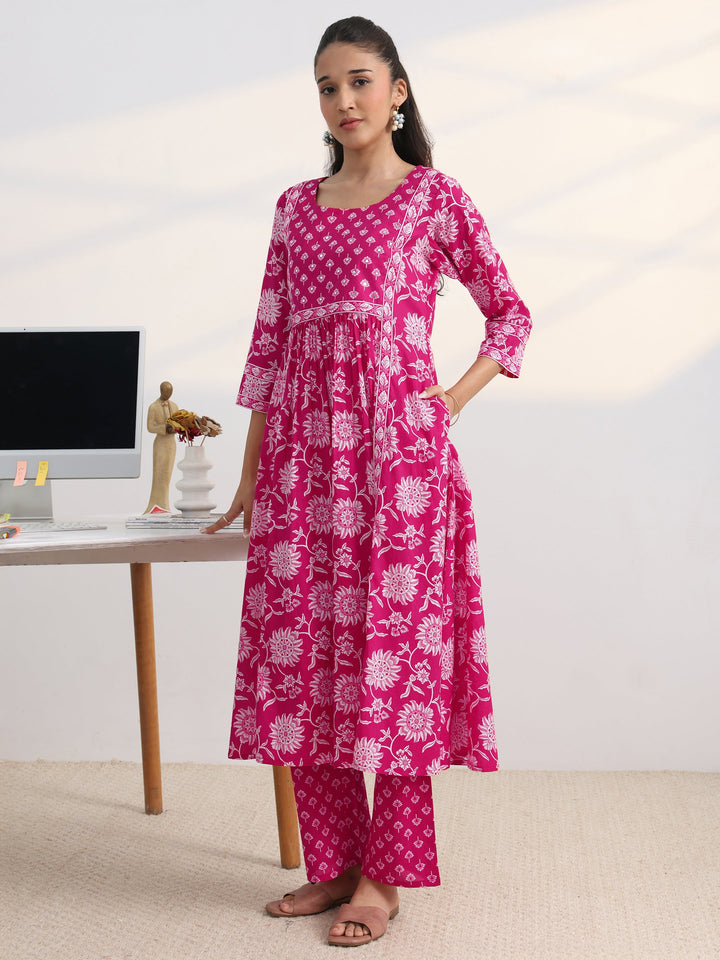 Pink Floral Printed Cotton Blend A-Line Suit Set With Dupatta