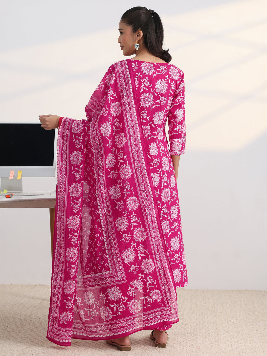 Pink Floral Printed Cotton Blend A-Line Suit Set With Dupatta