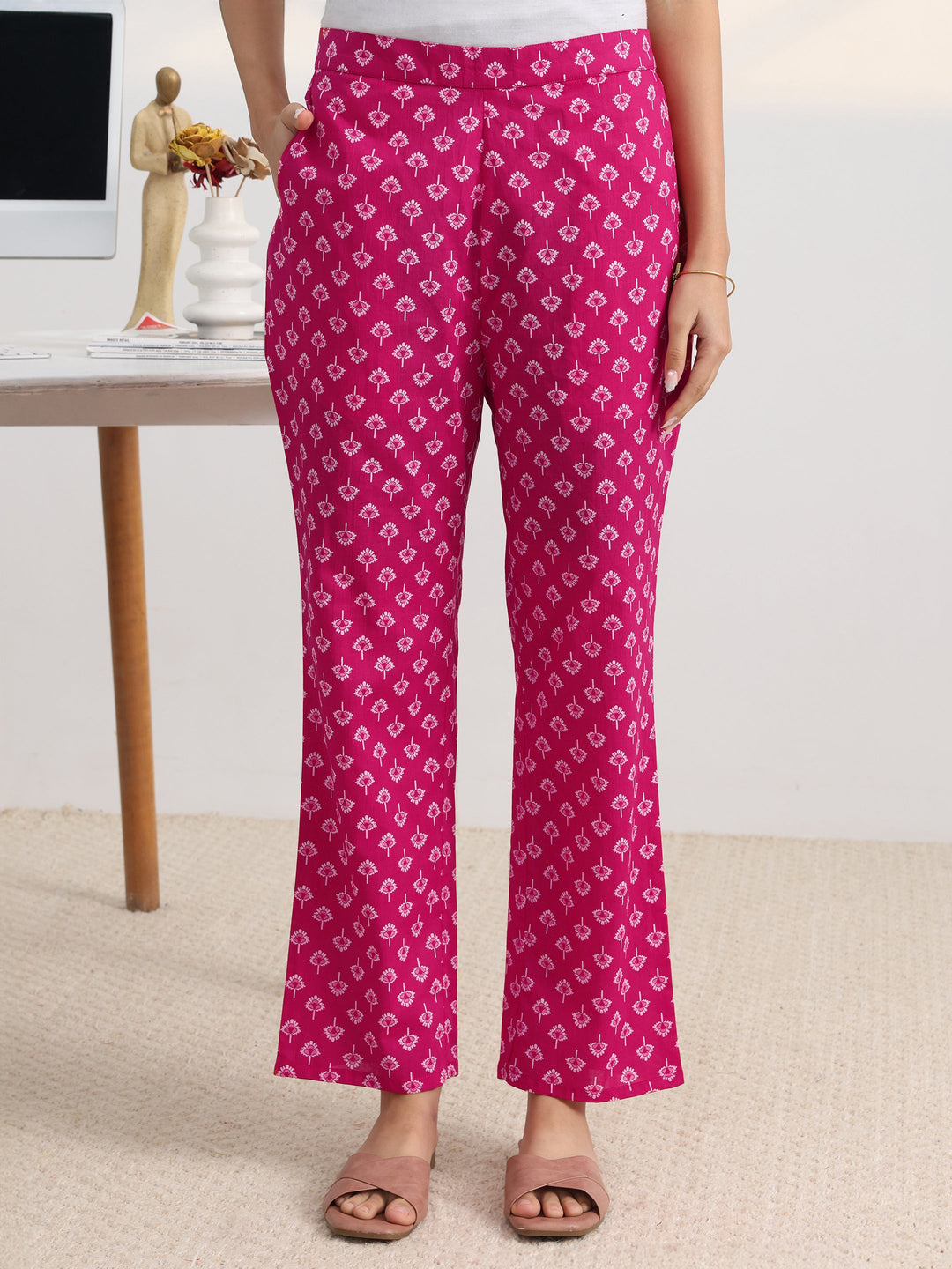 Pink Floral Printed Cotton Blend A-Line Suit Set With Dupatta