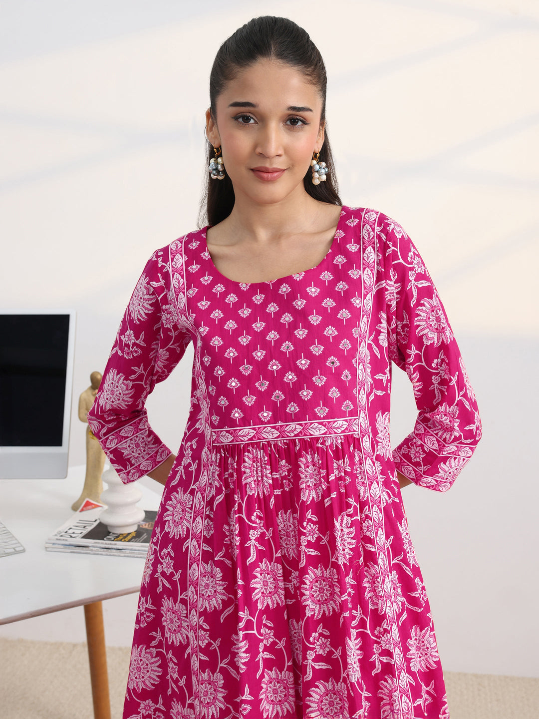 Pink Floral Printed Cotton Blend A-Line Suit Set With Dupatta