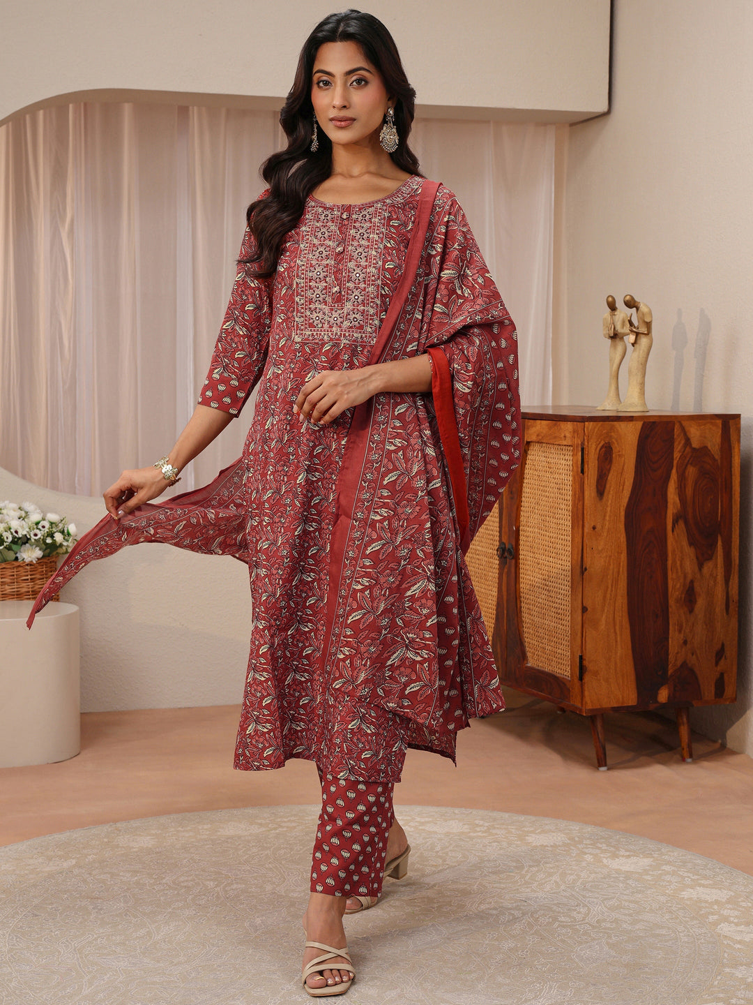 Maroon Floral Printed Cotton Blend Straight Suit Set