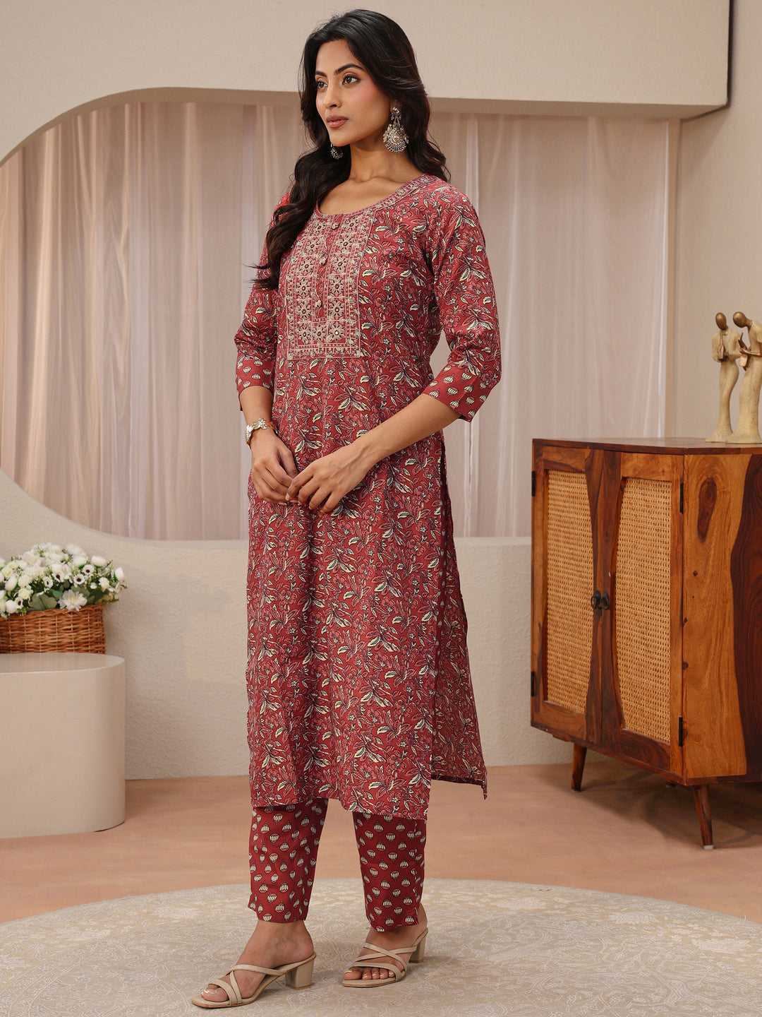 Maroon Floral Printed Cotton Blend Straight Suit Set