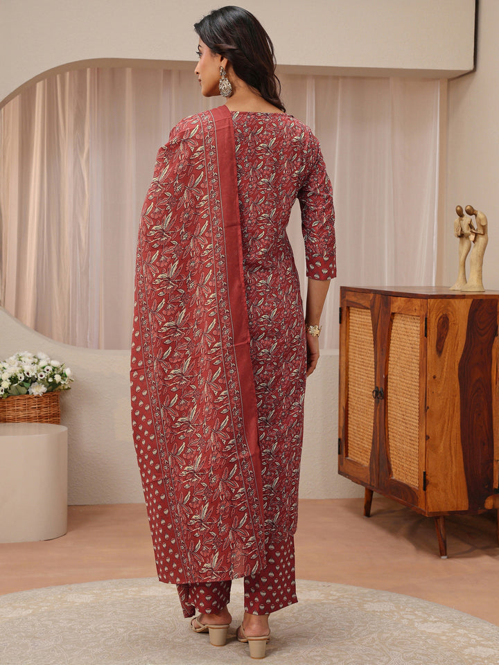 Maroon Floral Printed Cotton Blend Straight Suit Set