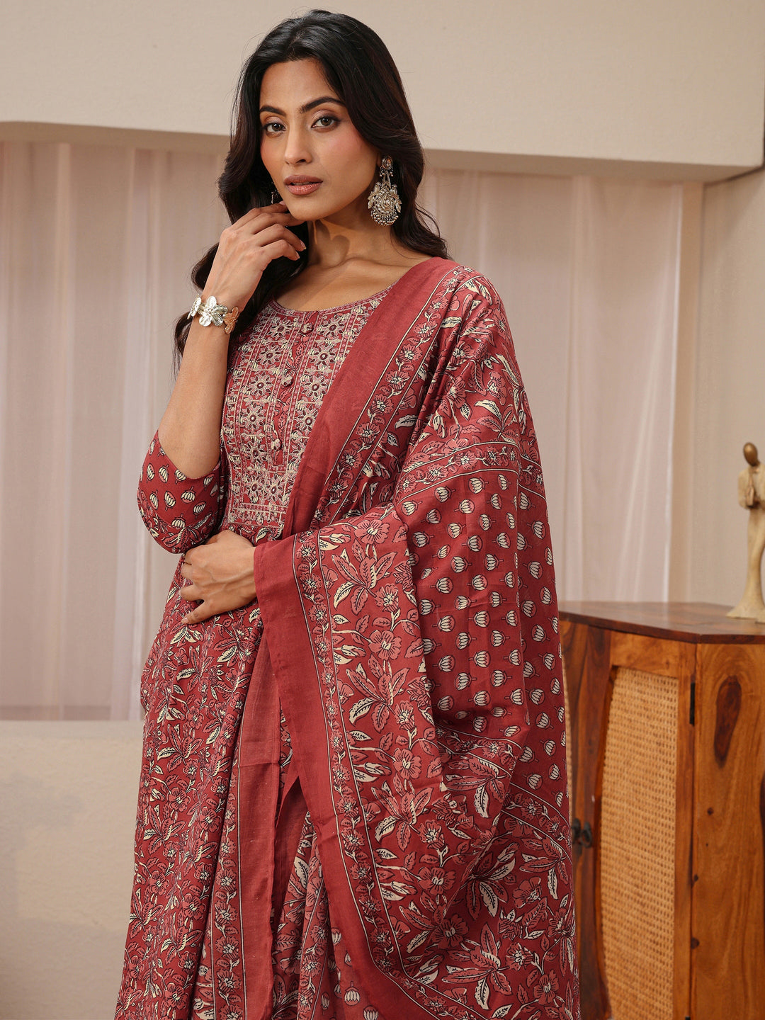 Maroon Floral Printed Cotton Blend Straight Suit Set