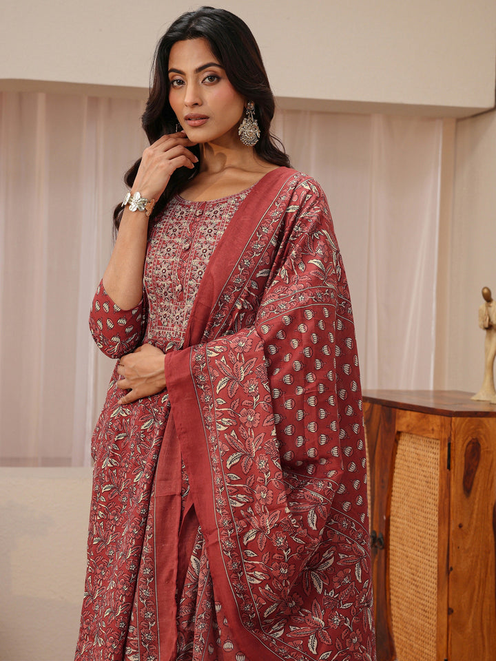 Maroon Floral Printed Cotton Blend Straight Suit Set