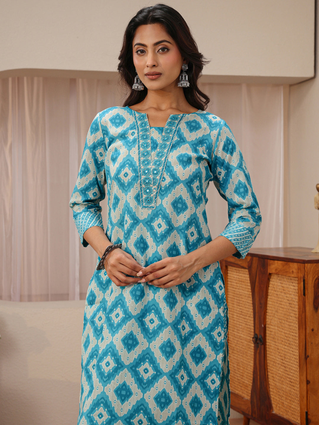 Blue Geometric Printed Cotton Blend Straight Suit Set