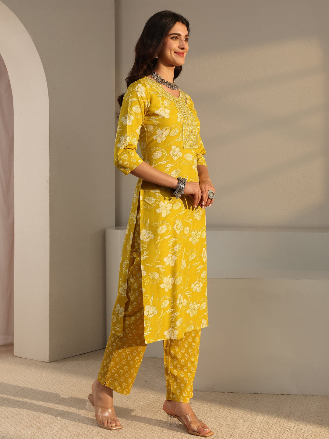 Yellow Floral Printed Cotton Blend Straight Suit Set With Dupatta