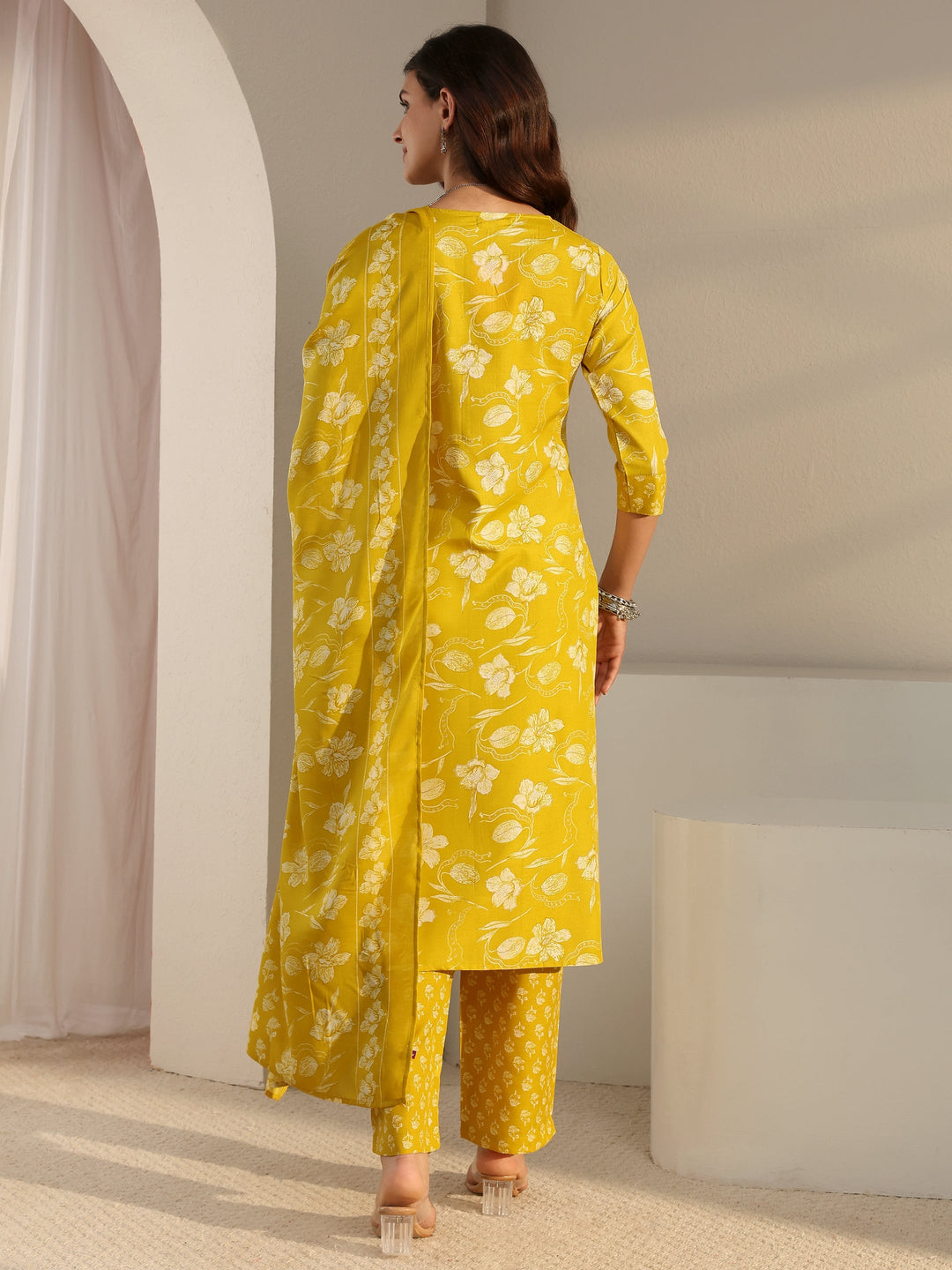 Yellow Floral Printed Cotton Blend Straight Suit Set With Dupatta