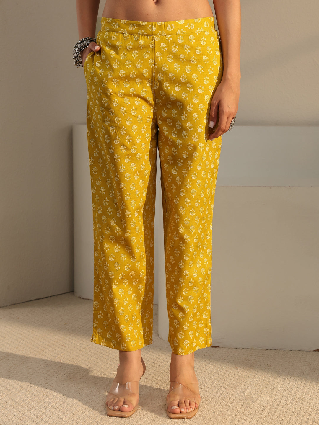 Yellow Floral Printed Cotton Blend Straight Suit Set With Dupatta
