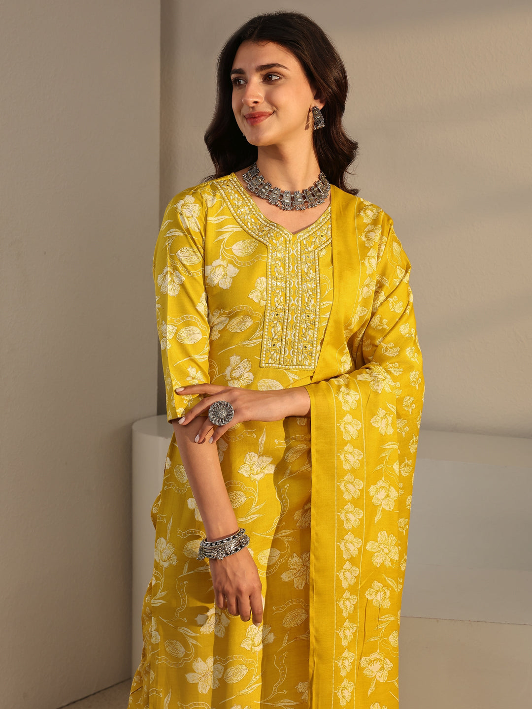Yellow Floral Printed Cotton Blend Straight Suit Set With Dupatta
