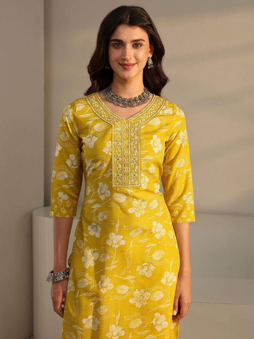 Yellow Floral Printed Cotton Blend Straight Suit Set With Dupatta