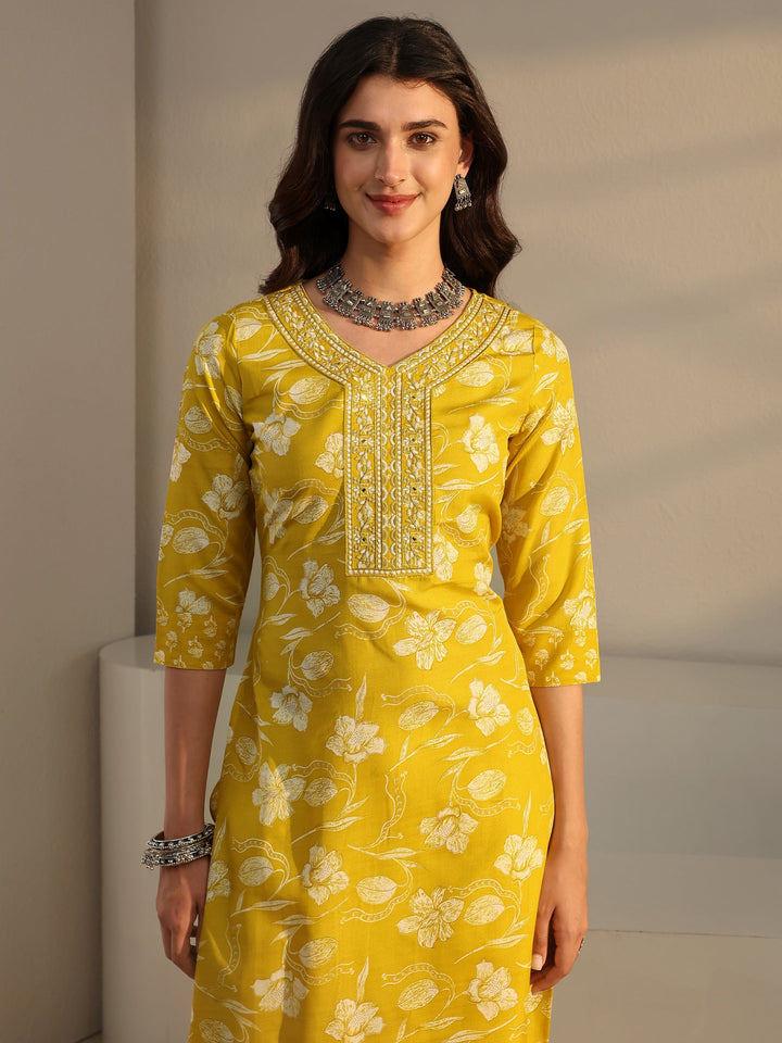 Yellow Floral Printed Cotton Blend Straight Suit Set With Dupatta