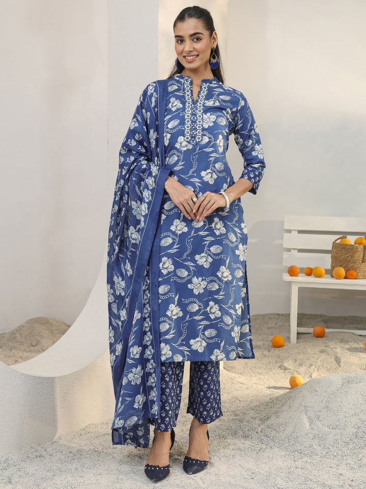 Blue Floral Printed Cotton Blend Straight Suit Set With Dupatta