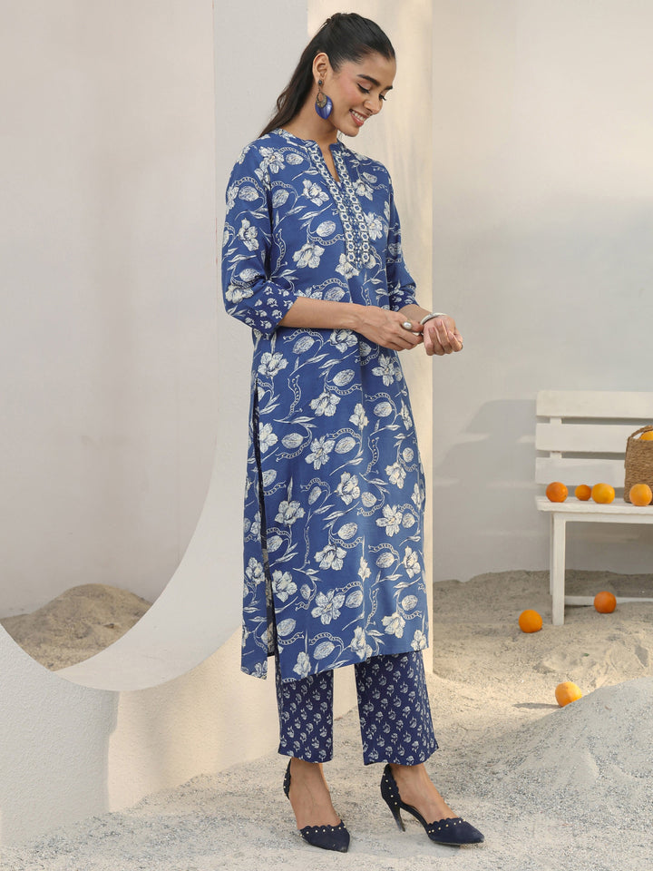 Blue Floral Printed Cotton Blend Straight Suit Set With Dupatta