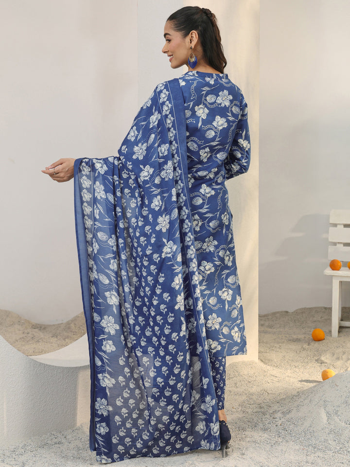 Blue Floral Printed Cotton Blend Straight Suit Set With Dupatta