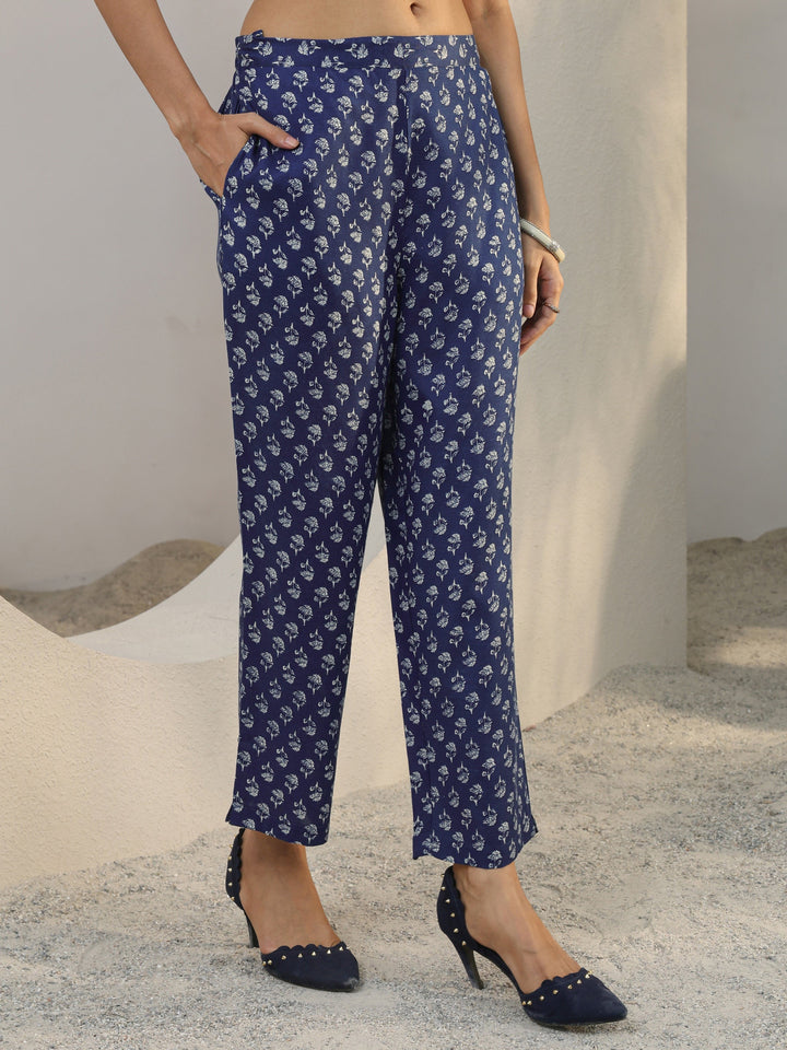 Blue Floral Printed Cotton Blend Straight Suit Set With Dupatta