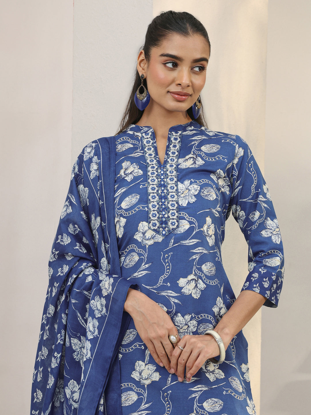 Blue Floral Printed Cotton Blend Straight Suit Set With Dupatta