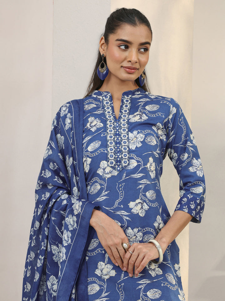 Blue Floral Printed Cotton Blend Straight Suit Set With Dupatta