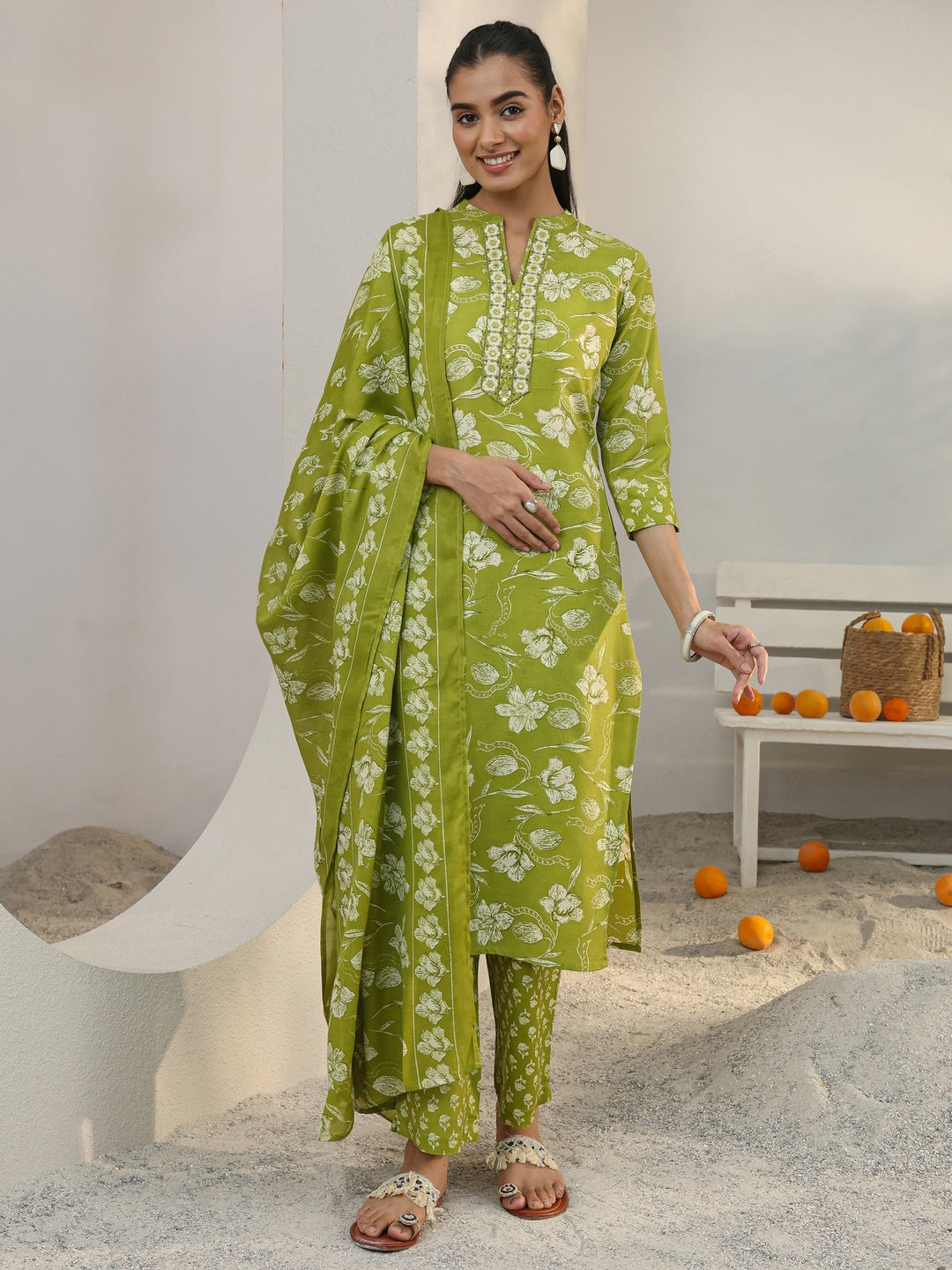 Green Floral Printed Cotton Blend Straight Suit Set With Dupatta
