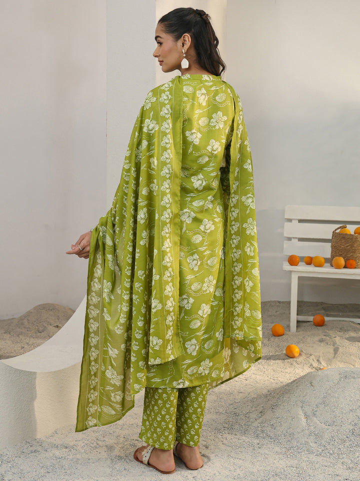 Green Floral Printed Cotton Blend Straight Suit Set With Dupatta