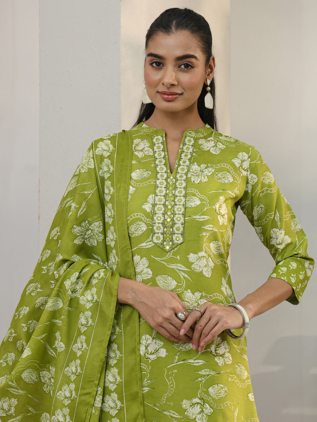 Green Floral Printed Cotton Blend Straight Suit Set With Dupatta