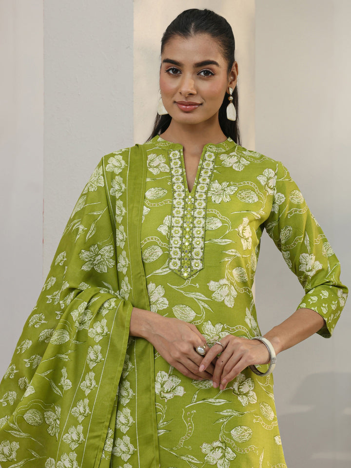 Green Floral Printed Cotton Blend Straight Suit Set With Dupatta