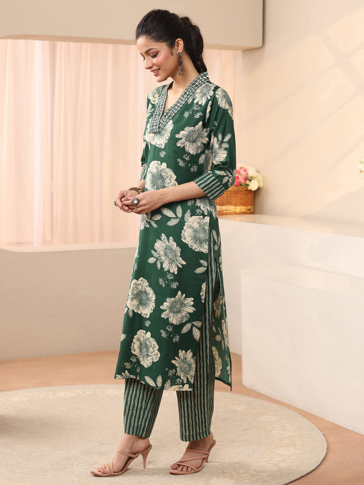 Green Floral Printed Cotton Blend Straight Suit Set